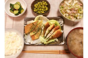 今日は自分的に
満足に仕上がった夜ご飯でした
春巻きは２種類で、
・ささみ梅シソチーズ
・ひき肉シソもやし
白菜とシーチキンの胡麻ポン和え
茄子と玉ねぎのお味噌...