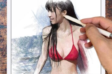 Drawing Rina Aizawa : 逢沢りな | Using Procreate iPad Pro | Only with lines | プロクリエイト/水着グラビア | ArtyCoaty