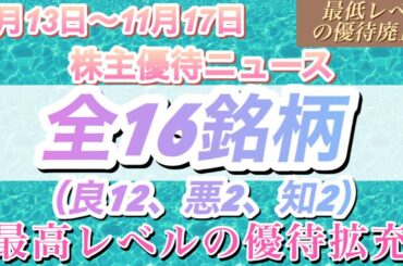 【11月3週株主優待ニュース】衝撃の優待拡充と最悪レベルの優待廃止。今週のIRの特徴は複数単元保有株主への拡充