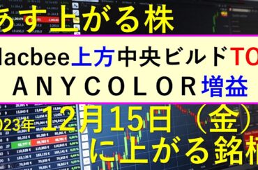 あす上がる株　2023年１２月１５日（金）に上がる銘柄　～最新の日本株での株式投資のお話です。株式投資の初心者にも。ANYCOLORの決算、FOMCの結果、Macbee Planetの上方修正～