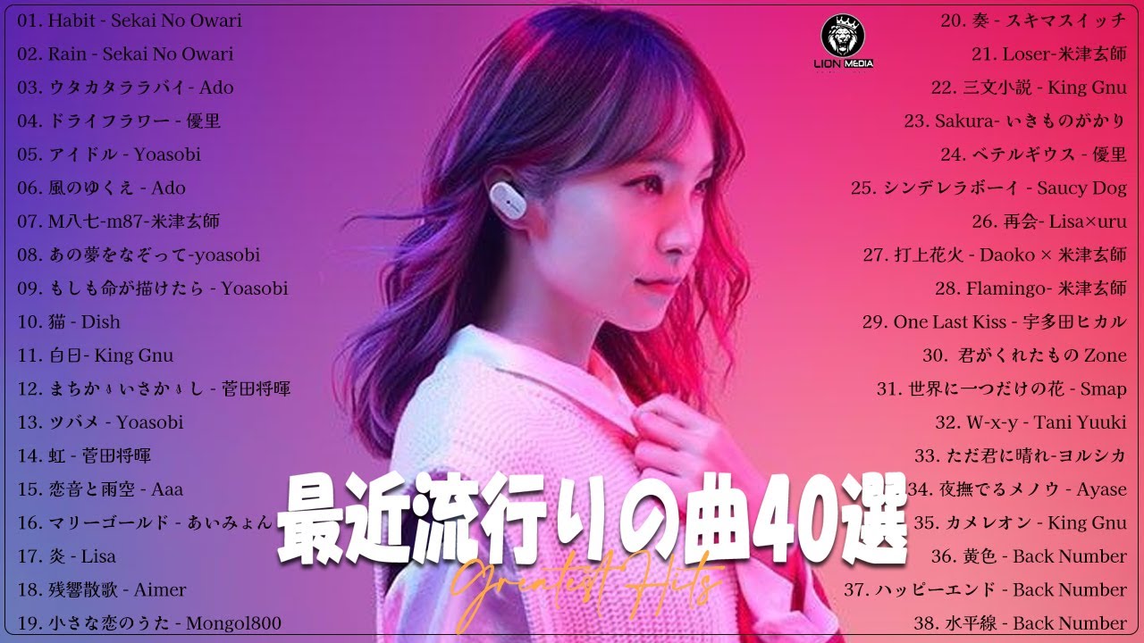 最近流行りの曲40選 💥💥 有名曲JPOP メドレー💥💥 YOASOBI、優里、King Gnu、LiSA、菅田将暉、宇多田ヒカル 最近流行りの曲40選 💥💥 有名曲JPOP メドレー💥💥 YOASOBI、優里、King Gnu、LiSA、菅田将暉、宇多田ヒカル