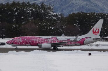 雪景色の日本一標高の高い信州まつもと空港へ、日本の南から、さくら色の機体が降り飛び立った、JTAチャーター機さくらジンベイ。(エプロン移動から離陸までノーカット)
