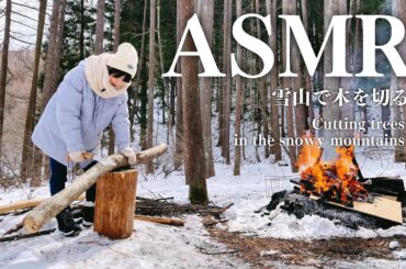 【ASMR】雪山で木を切る/Cutting trees in the snowy mountains #アウトドア #camp