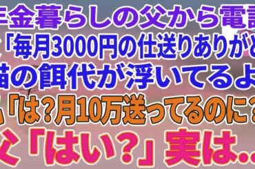 【スカッとする話】年金暮らしの父から電話「毎月3000円仕送りありがと。猫の餌代が浮いてるよ」私「は？月10万送ってるのに？」父「はい？」実は