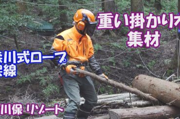 大成功「重い掛かり木集材」滑車４個　製材所到着　危険で楽しい山遊び　森川式ロープ架線　森川保リゾート　定年後TV