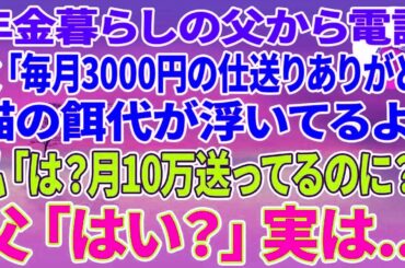【スカッとする話】年金暮らしの父から電話「毎月3000円仕送りありがと。猫の餌代が浮いてるよ」私「は？月10万送ってるのに？」父「はい？」実は