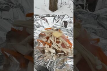 雪山で作るあつあつ鮭のホイル焼き  / Hot foil-grilled salmon made in the snowy mountains #shorts #outdoor #asmr