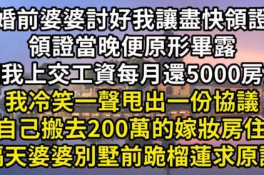 婚前婆婆討好我讓盡快領證，領證當晚便原形畢露，讓我把工資上交還房貸，我冷笑一聲直接提出離婚，自己搬去200萬的嫁妝房住，隔天婆婆提著榴蓮求我原諒#晚年生活#中老年幸福#養老#情感故事