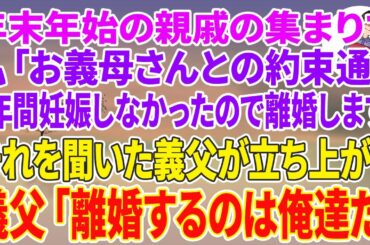 【スカッとする話】年末年始の親戚の集まりで私「お義母さんとの約束通り1年間妊娠しなかったので離婚します」それを聞いた義父が立ち上がり→義父「離婚するのは俺達だ」
