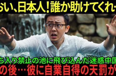 【海外の反応】「おい！誰か助けてくれ！」立ち入り禁止の池に入り大声で叫ぶ中国人男性…この後、彼に自業自得の天罰がww