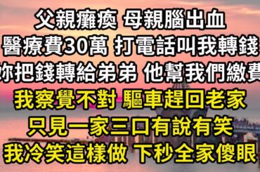 父親癱瘓 母親腦出血，醫療費30萬 打電話叫我轉錢，「妳把錢轉給弟弟 他幫我們繳費」，我察覺不對 驅車趕回老家，只見一家三口有說有笑，我冷笑這樣做 下秒全家傻眼