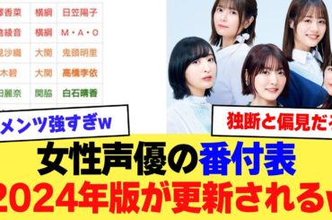 【人気ランキング】人気女性声優の番付表2024年版が更新されるw【2ch】【5ch】【声優】