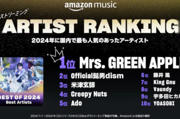 「アマゾン ミュージック」が選ぶ2024年ベストアーティストはMrs. GREEN APPLEに決定 - WWDJAPAN
