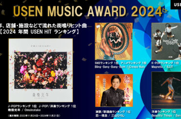今年、店舗・施設などで流れた街鳴りヒット曲『USEN MUSIC AWARD 2024』を発表！ Omoinotake、Creepy Nuts、三山ひろし、Benson Boon、ILLITが各部門1位に