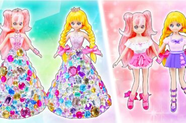 プリキュアのドレスを手作り❤️わんだふるぷりきゅあ！のキュアワンダフル、キュアフレンディが変身✨リカちゃん人形に粘土衣装とキラキラなリメイクDIY⭐️100円ショップの材料でわんぷり工作🌼声真似
