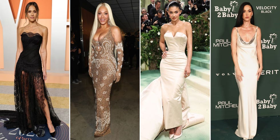 celebrities wearing elegant dresses at various events
