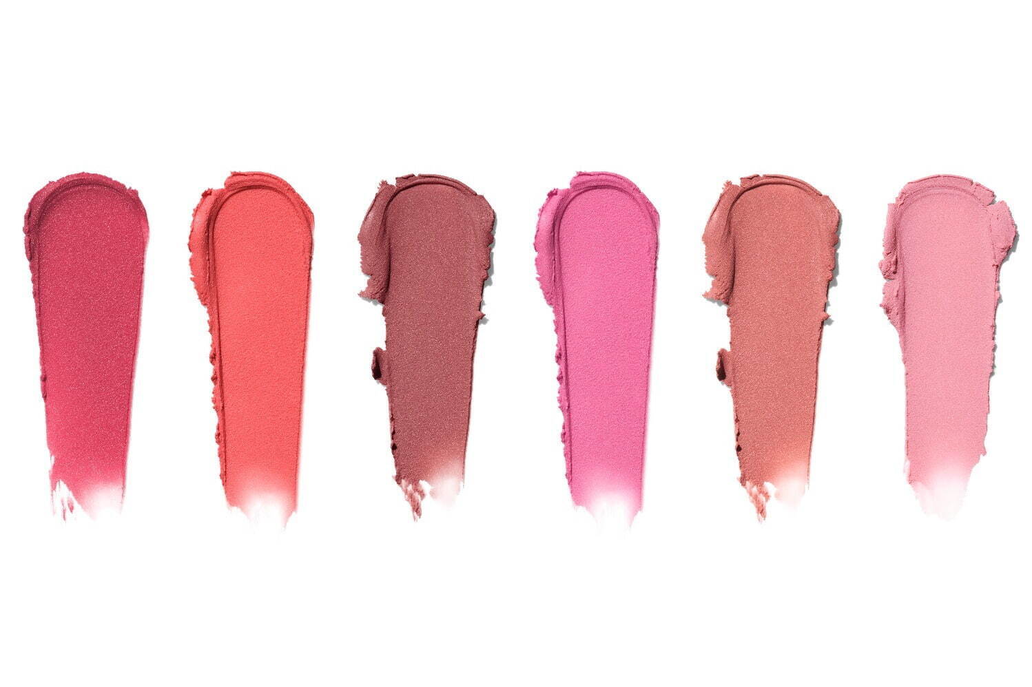 左から)「ポット ルージュ ベルベット マット」グアバパンチ、アプリコットラッシュ、ローズガーデン、ピオニー、ミューティドピーチ、ペタルピンク 8.5g 各5,500円＜新製品＞