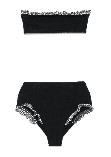 twopiece black bikini set featuring a bandeau top and highwaisted bottom with ruffled gingham trim