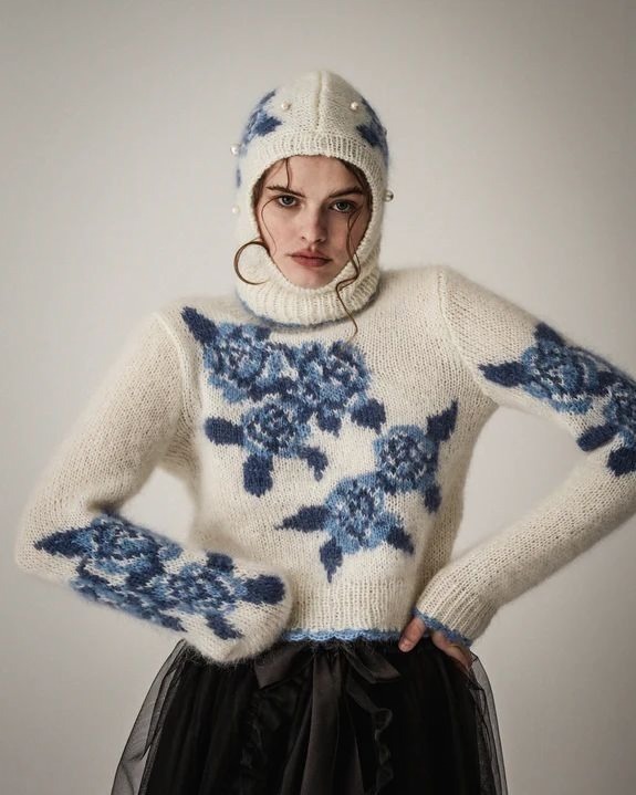 フローラルハンドニットセーター 103,400円、フローラルハンドニットバラクラバ 36,300円