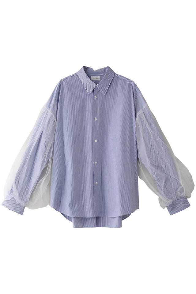 a blue striped shirt with sheer puff sleeves