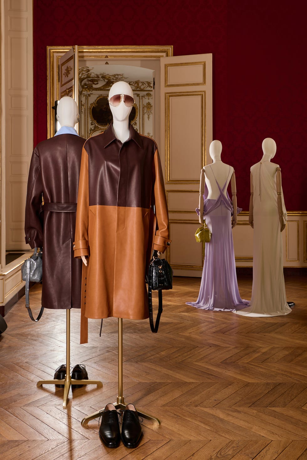 a display of fashion garments in a stylish indoor setting