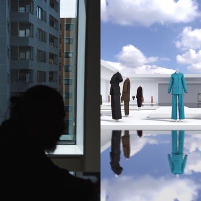 Hashiura氏の横顔のシルエットとラ・ミュージアムの展示内