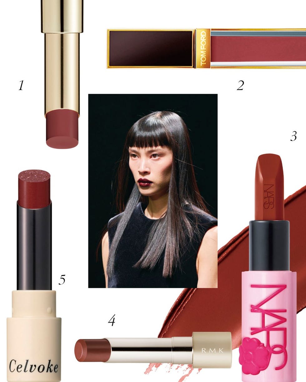 collection of lipstick products with a model in focus