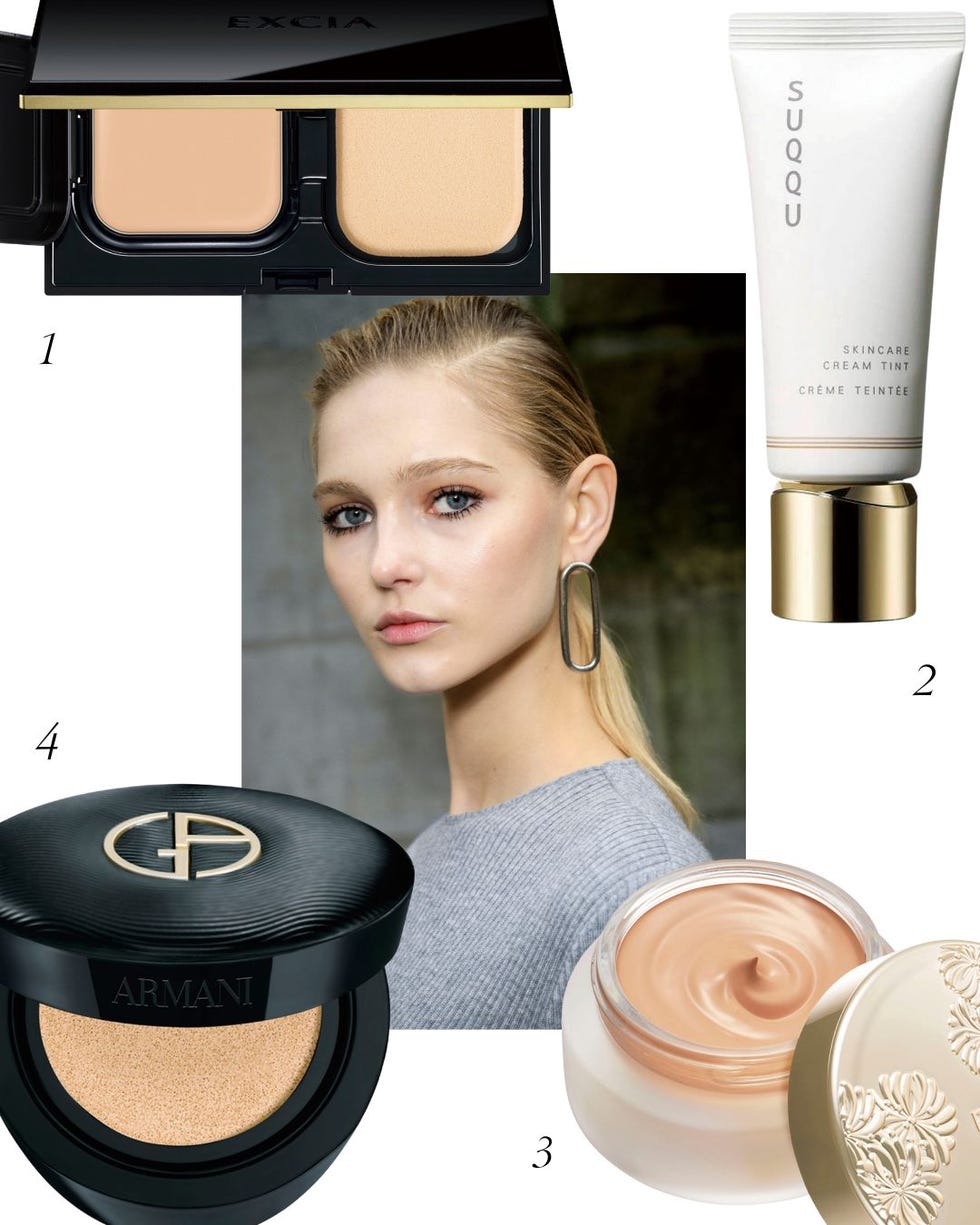 cosmetics and skincare products arranged around a models head