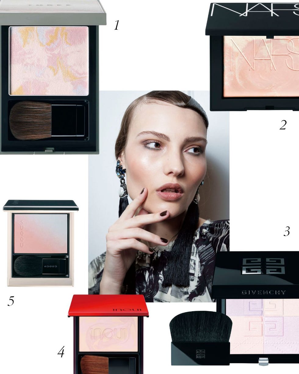 display of various makeup products including blush and highlighter