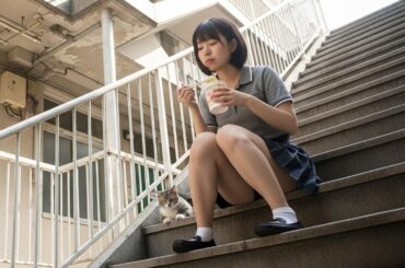 団地の階段に座ってカップラーメンを食べるミニスカート女子と猫【AI美女】