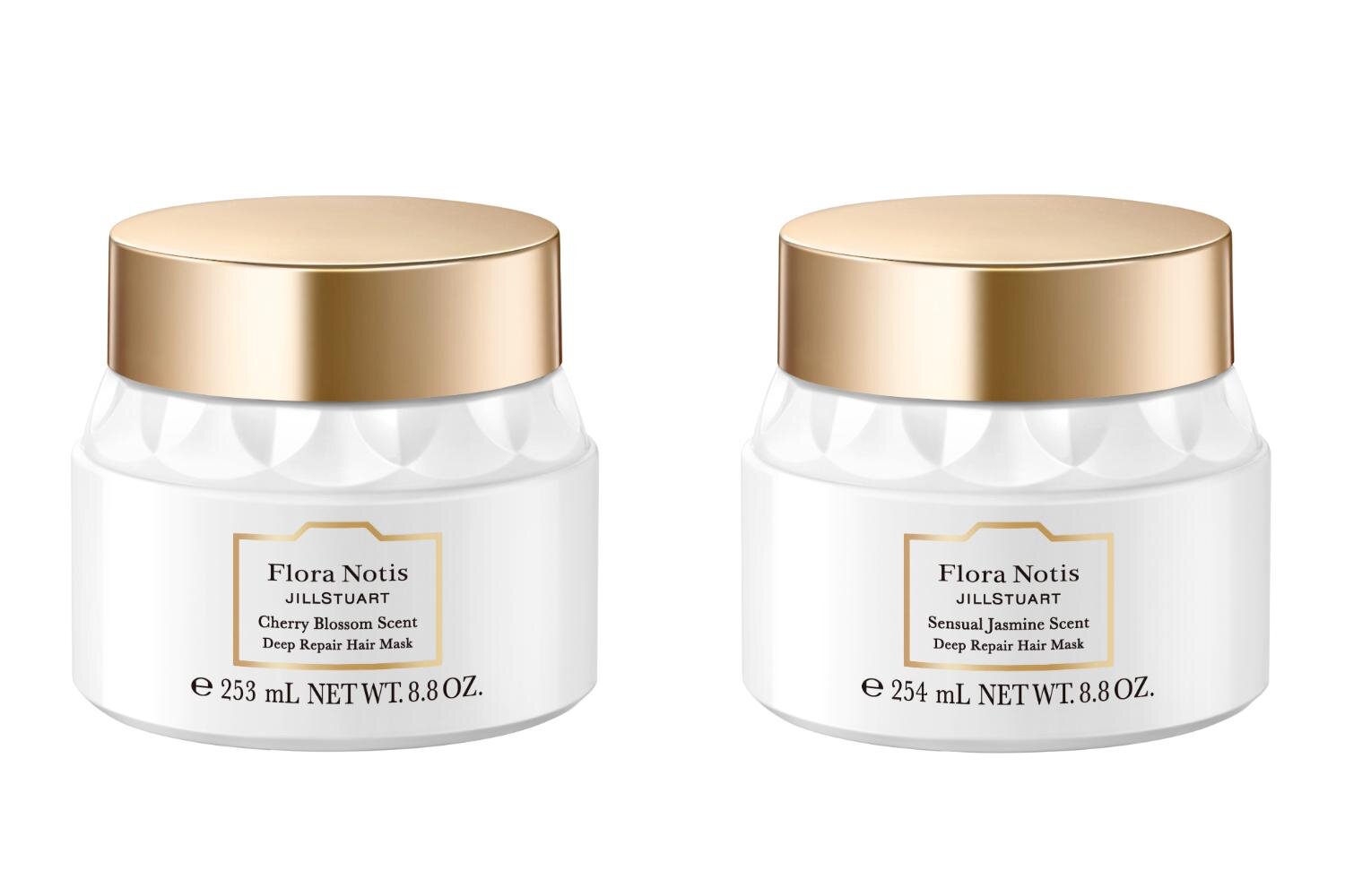 (左から)フローラノーティス ジルスチュアート チェリーブロッサム ディープリペアヘアマスク 250g 4,180円＜限定品＞、フローラノーティス ジルスチュアート センシュアルジャスミン ディープリペアヘアマスク 250g 4,180円＜限定品＞