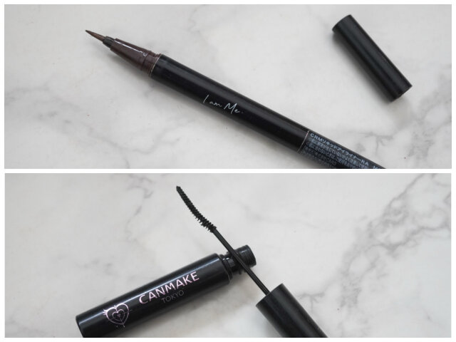 カロミー「リキッドアイライナー」モカブラウン／キャンメイク「カールスナイパーマスカラ」01 ブラック