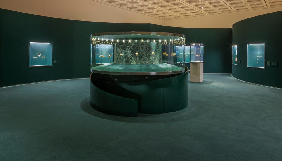 exhibit space showcasing a display case for jewelry items