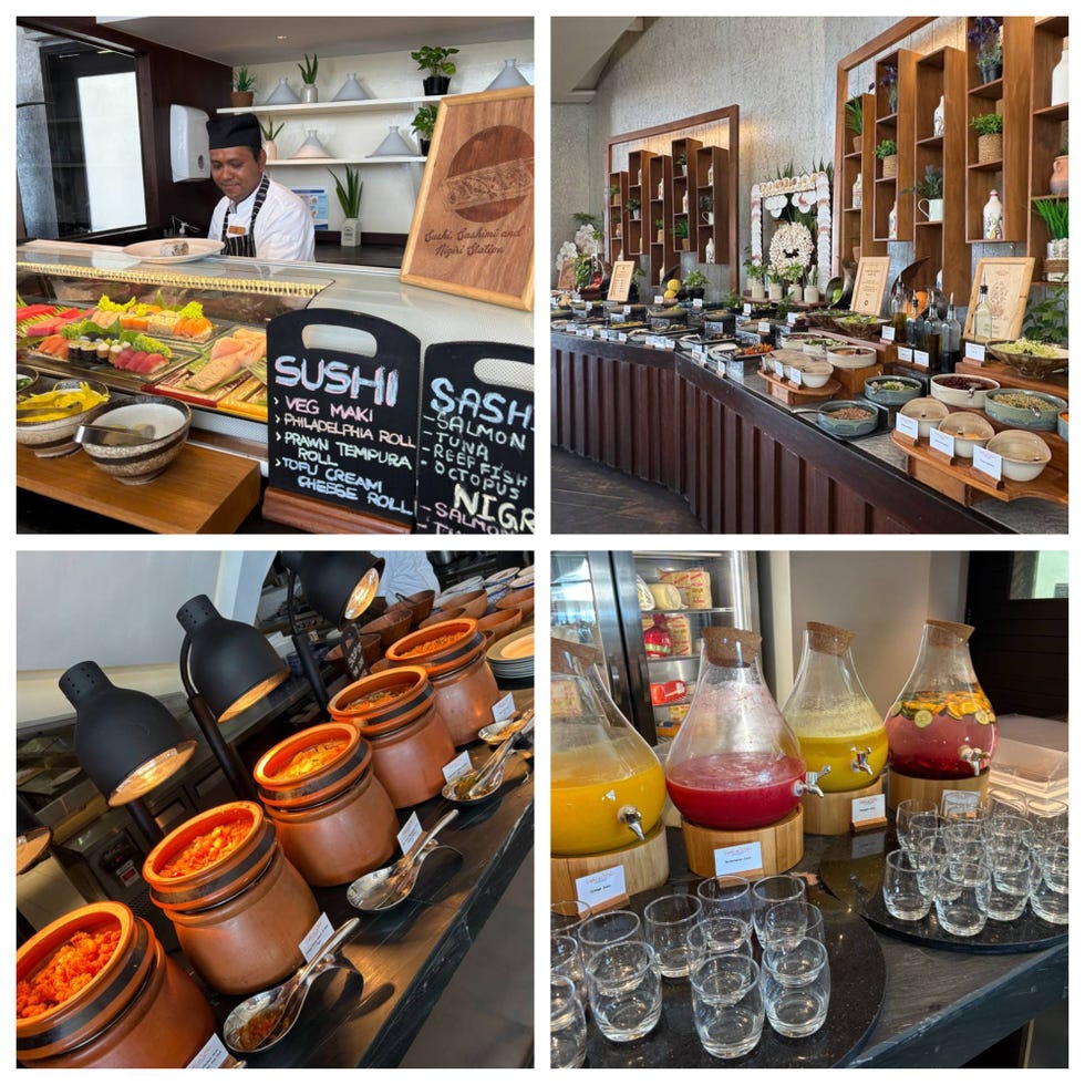 buffet setup featuring sushi station a variety of dishes and drink dispensers