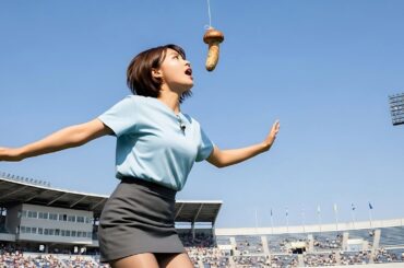 局対抗運動会で松茸喰い競争に参加したパンスト女子アナ/Japanese Pantyhose Girls