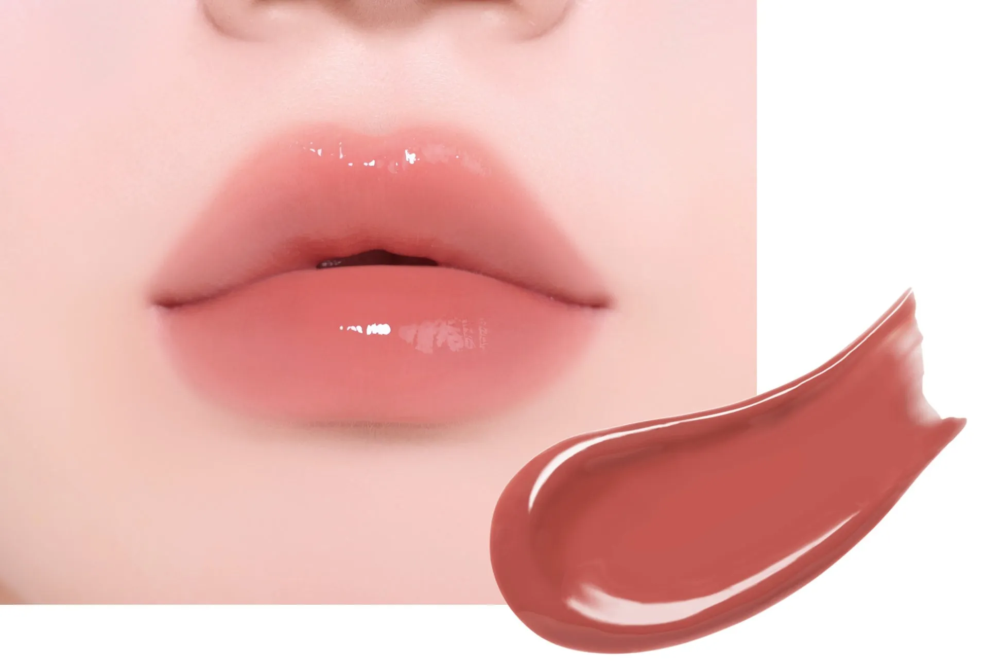 唇に塗られたリップグロスと、リップグロスのサンプル