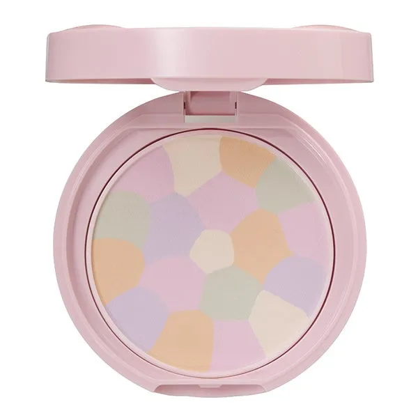 ピンク色の化粧品のコンパクト。中にはパステルカラーのパウダーが入っている。