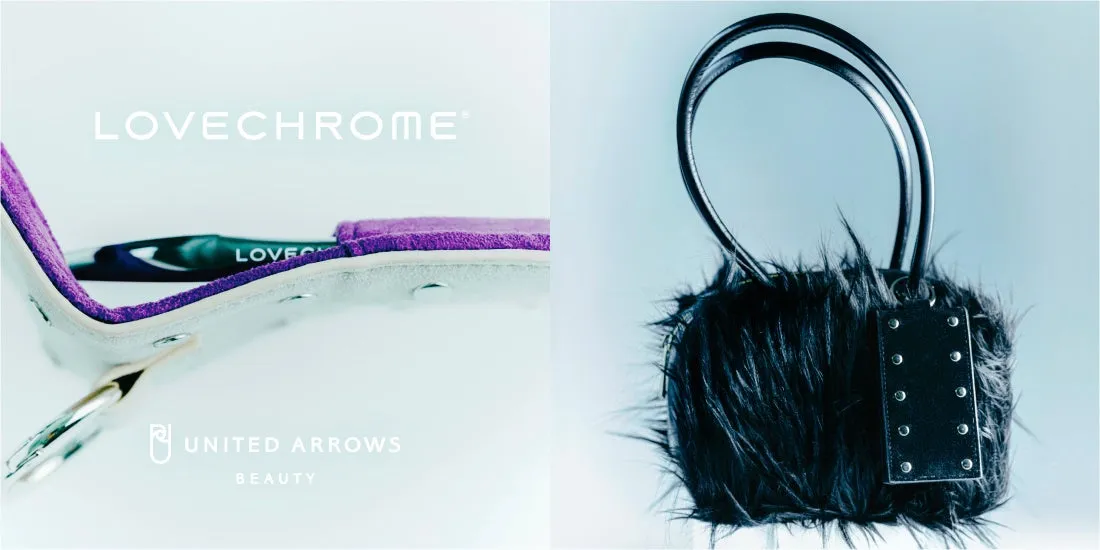 LOVECHROME UNITED ARROWS BEAUTY コラボレーションアイテムの画像。左側にはLOVECHROMEの製品、右側には毛皮のような素材のバッグが写っている。