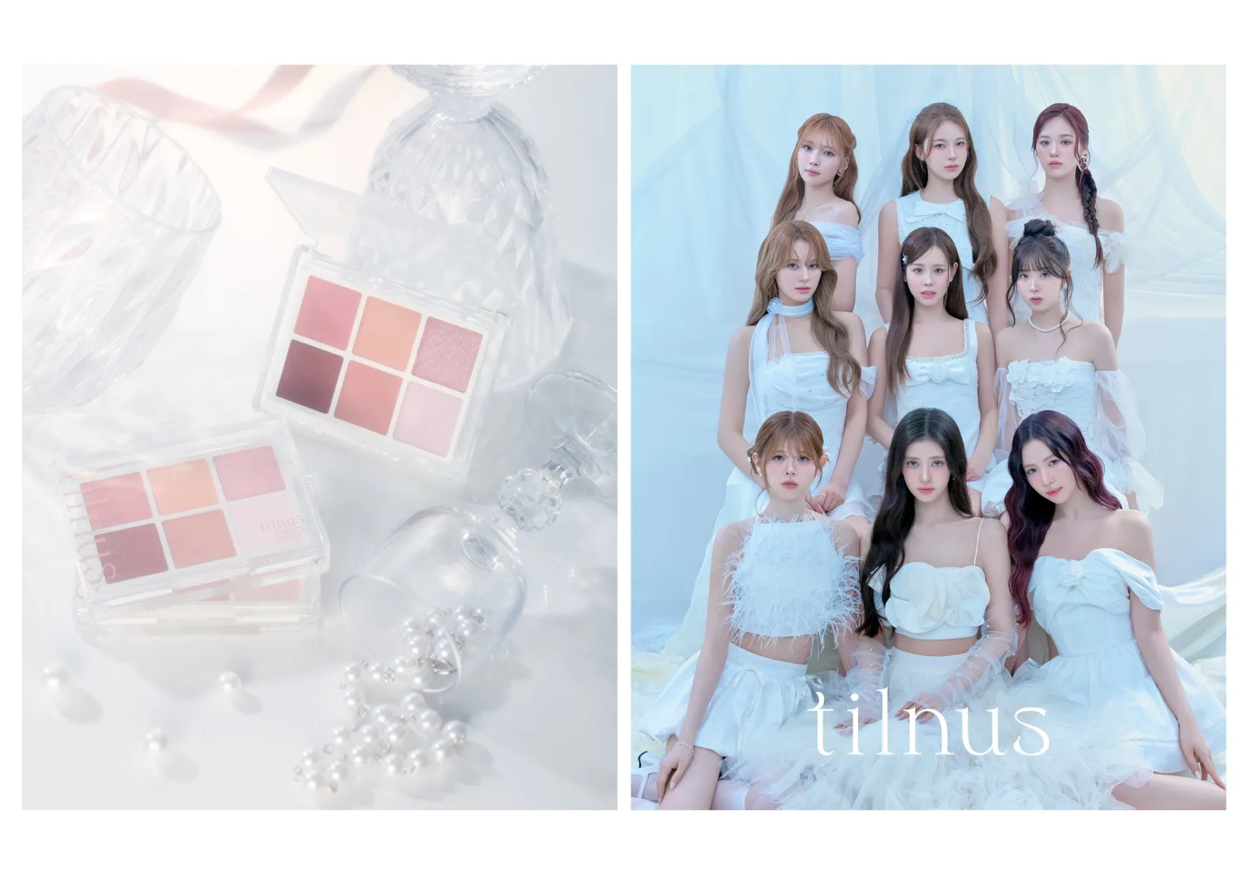 2つの画像が並んだコラージュです。左側には、透明な化粧品パレットと、ガラスの装飾と真珠が置かれています。右側には、白い服を着た女性グループの集合写真があり、「tilnus」というテキストが画像の下部にあります。