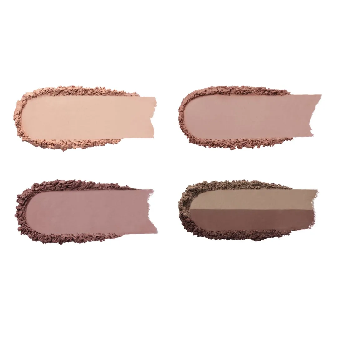 4色のアイシャドウのパレット。上段には薄いピンクとピンクブラウン、下段にはピンクパープルと2色のブラウンが並んでいる。