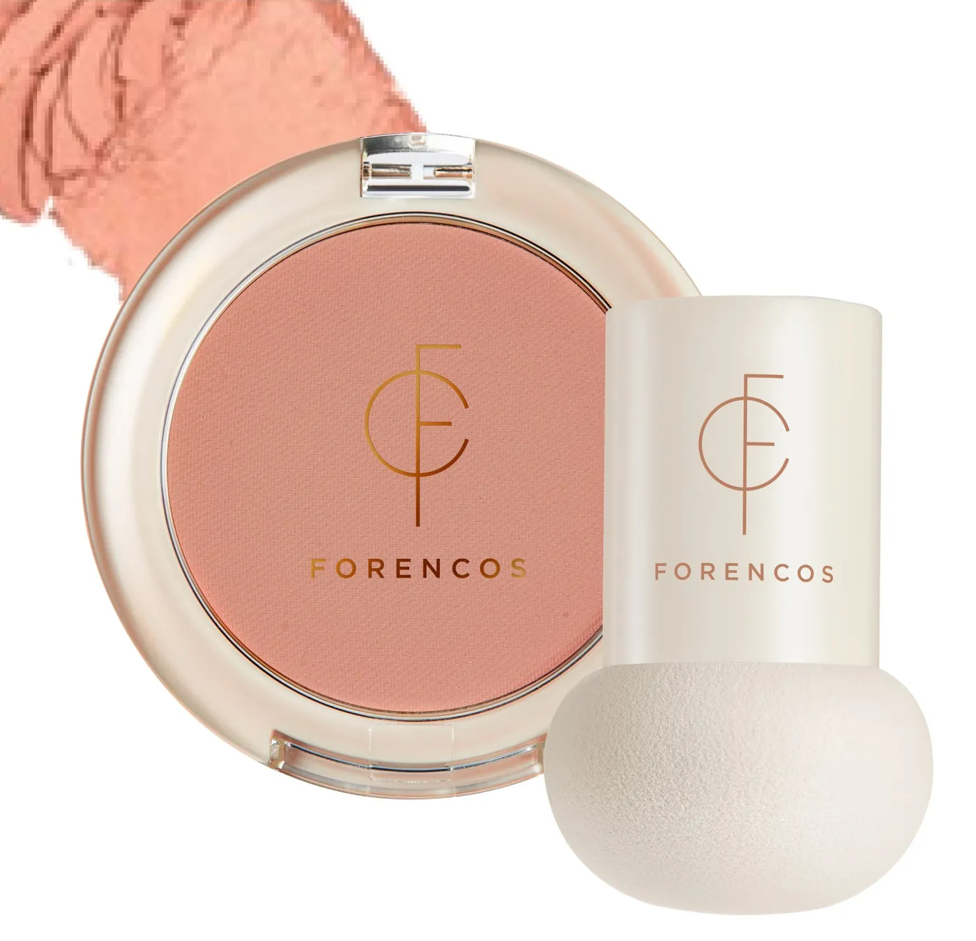 ピンク色のチークとパフのセット