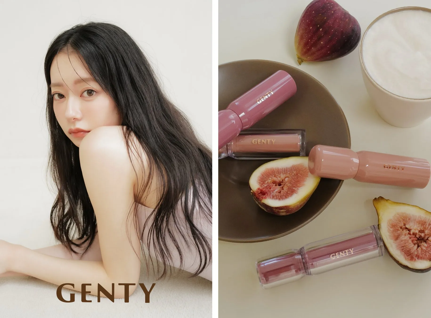 GENTYのリップ製品とイチジク、女性のポートレート