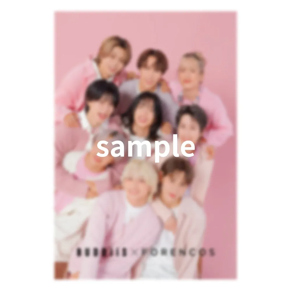 ピンク色の服を着た複数の人が写っている写真。中央には「sample」の文字が大きく書かれています。写真の下部には「BREES X FORENCOS」の文字が見えます。