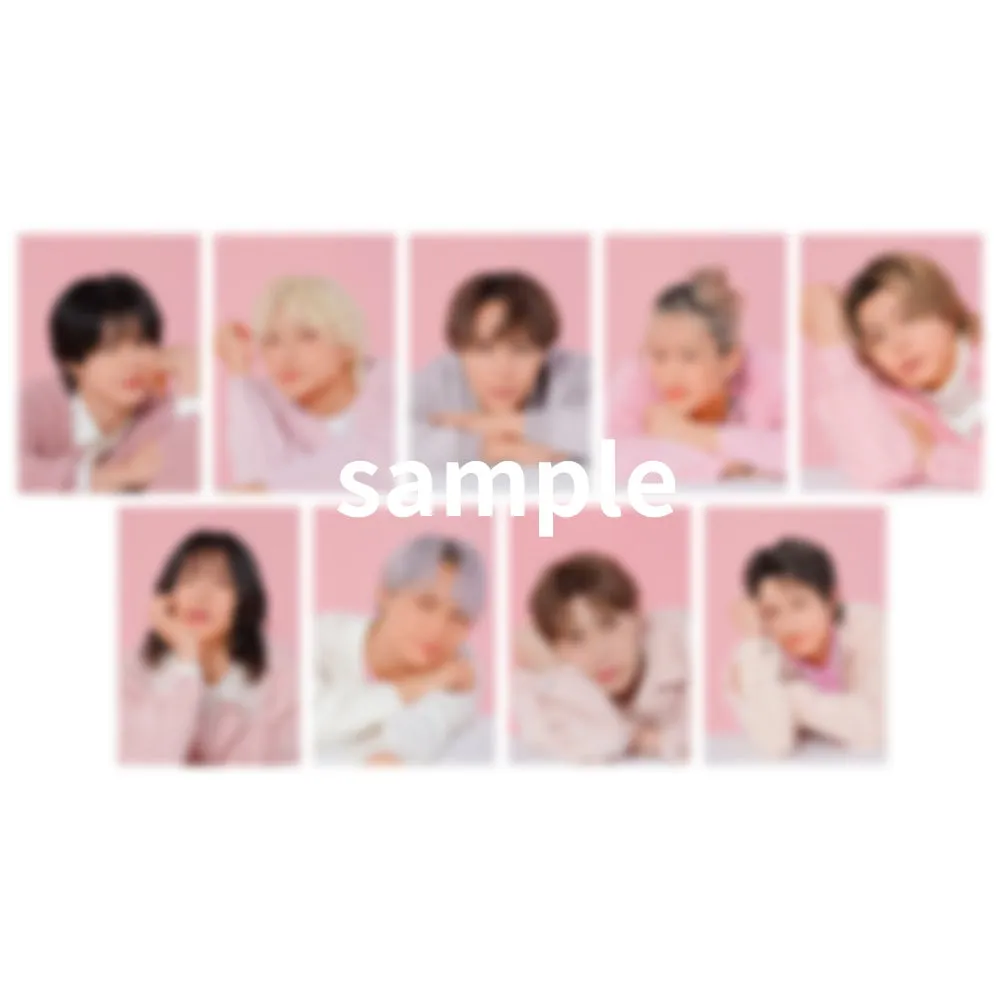 ピンク色の背景に、男性が写った写真が複数枚配置された画像。中央には「sample」の文字が白抜きで大きく表示されている。