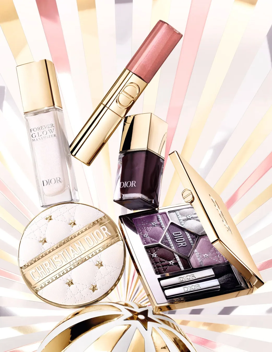 ディオールの化粧品が複数写っている画像。ファンデーション、アイシャドウ、リップグロス、ネイルポリッシュなど、様々な製品が写っており、華やかな雰囲気。