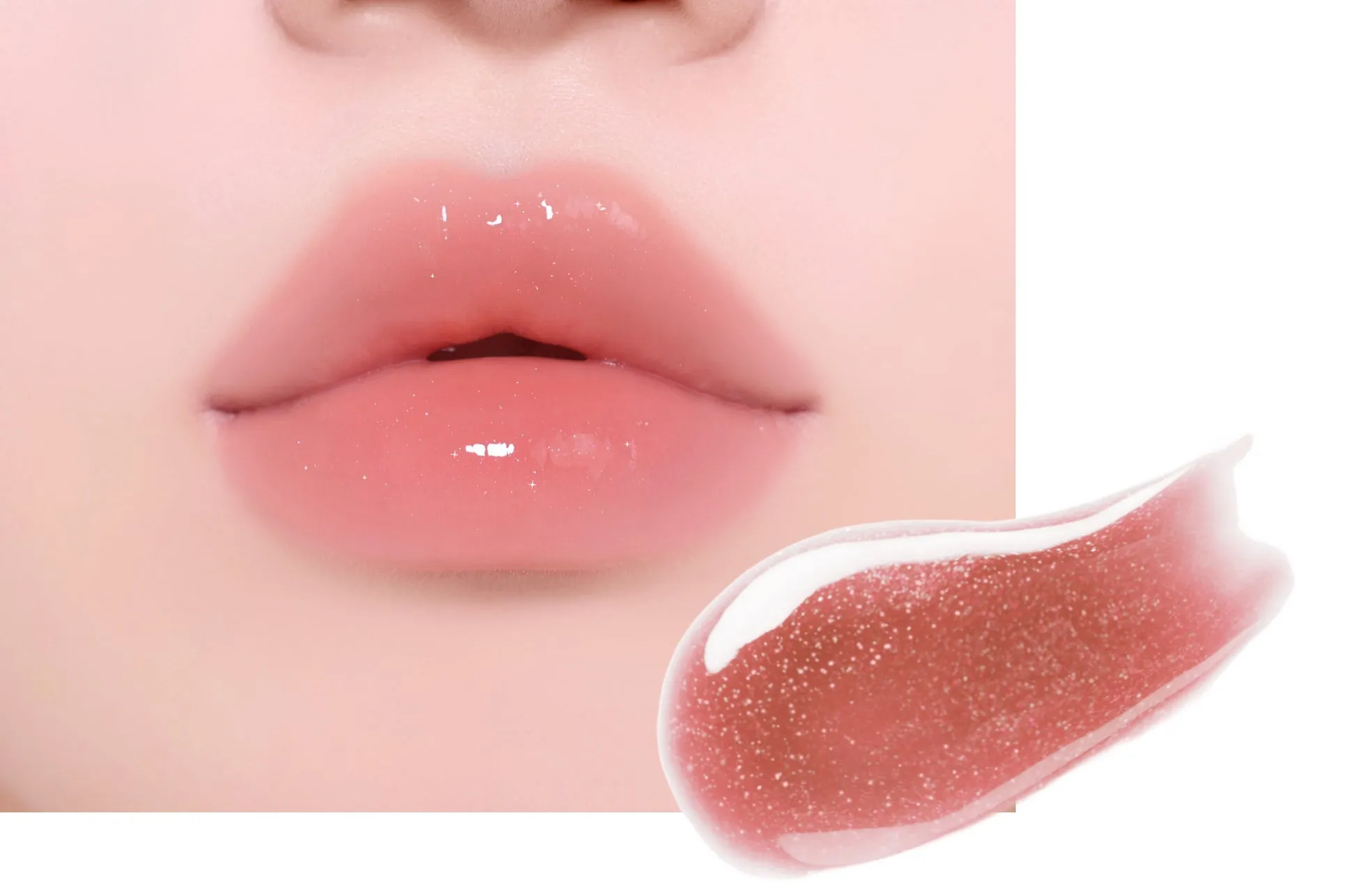 唇に塗られたピンク色のリップグロスと、リップグロスのテクスチャ