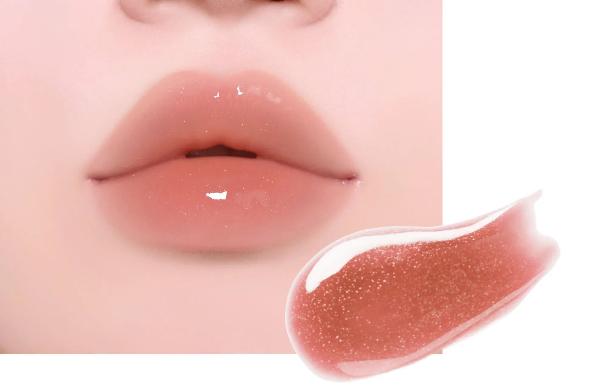 唇に塗られたピンク色のリップグロスと、グロスを塗った様子
