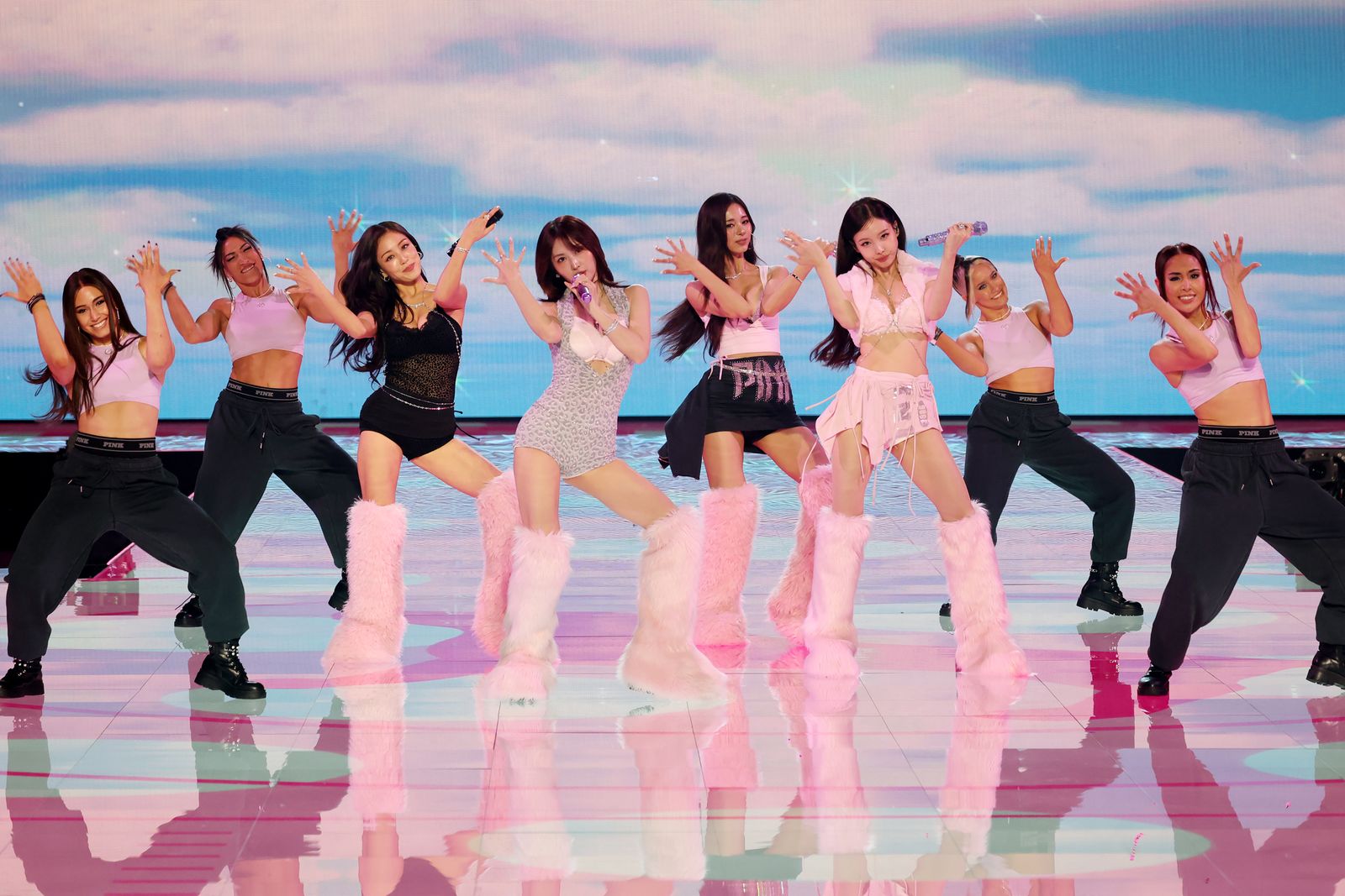 Jihyo Momo Tzuyu and Nayeon from TWICE perform on the runway for Victoria's Secret Fashion Show 2025 on October 15 2025...