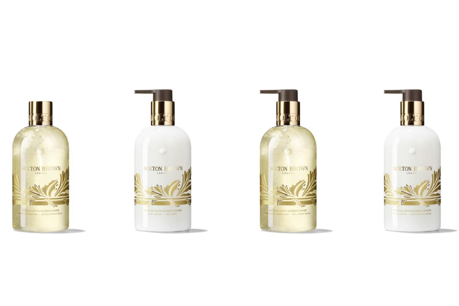 (左から)フェスティブヴィンテージ エルダーフラワー バス＆シャワージェル 300mL 5,830円＜限定品＞ フェスティブヴィンテージ エルダーフラワー ボディローション 300mL 6,655円＜限定品＞ フェスティブヴィンテージ エルダーフラワー ハンドウォッシュ 300mL 5,170円＜限定品＞ フェスティブヴィンテージ エルダーフラワー ハンドローション 300mL 5,830円＜限定品＞