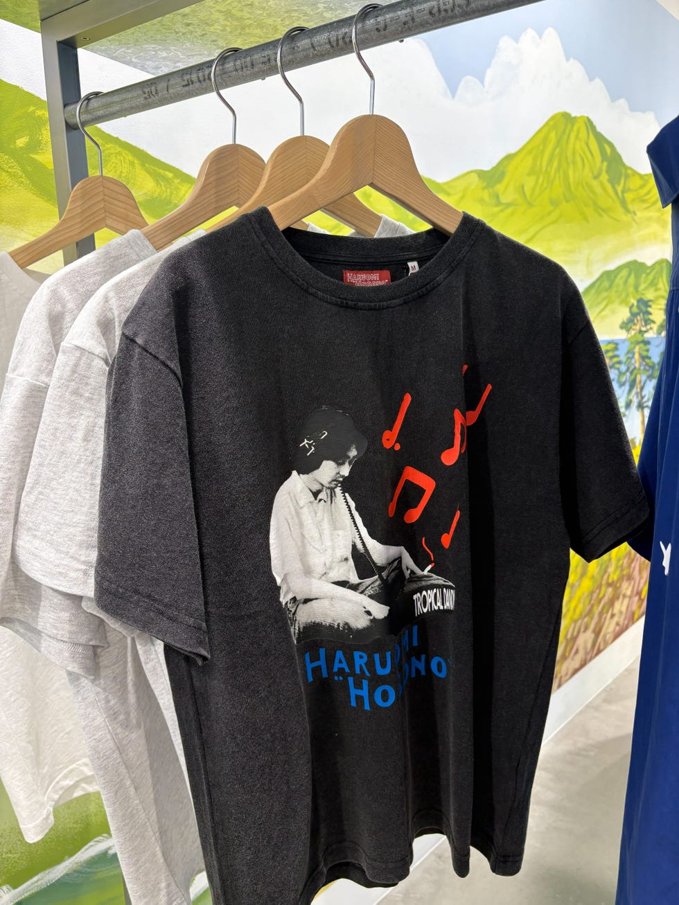 graphic tshirt featuring a musician and musical notes